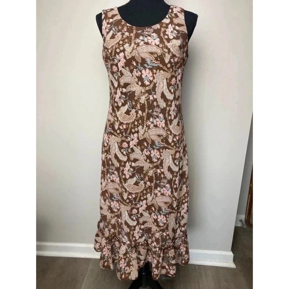 Vintage Y2K Brown Paisley Midi Dress Ruffle Hem Sleeveless Boho Prairie Size 8
